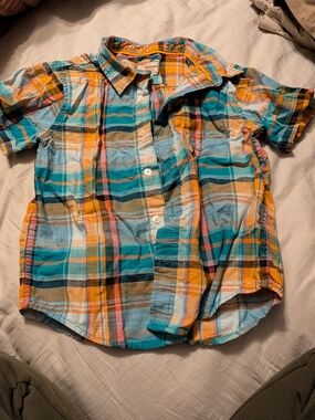 Cat & Jack Short-Sleeve Plaid Button-Down in Teal, Orange & Brown